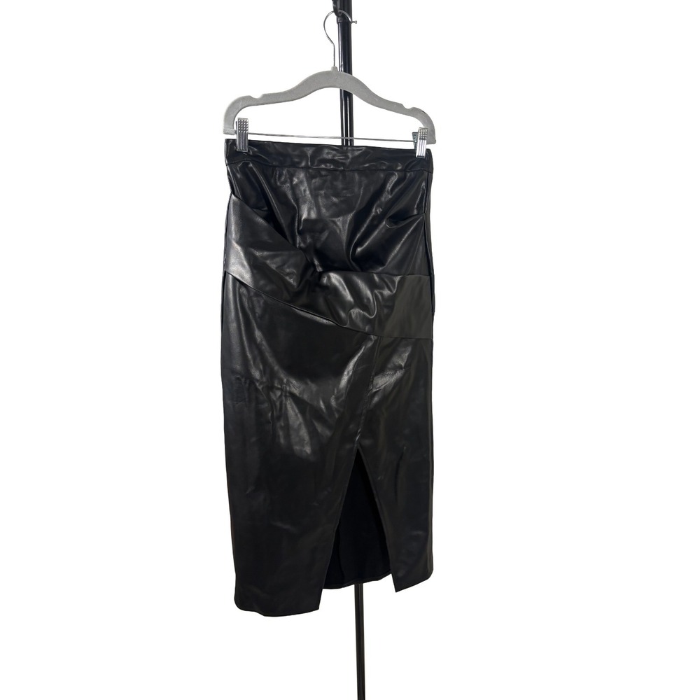 Commense Black Faux Leather Wrap Detail Pencil Skirt Womens Size Small NWT Chic